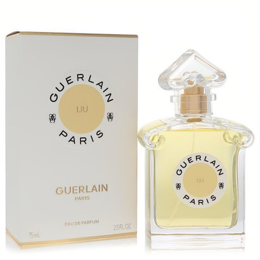 Guerlain Liu 2.5 oz Eau De Parfum spray. Elegant clear glass bottle with gold accents, ornate cap, and matching white & gold box.