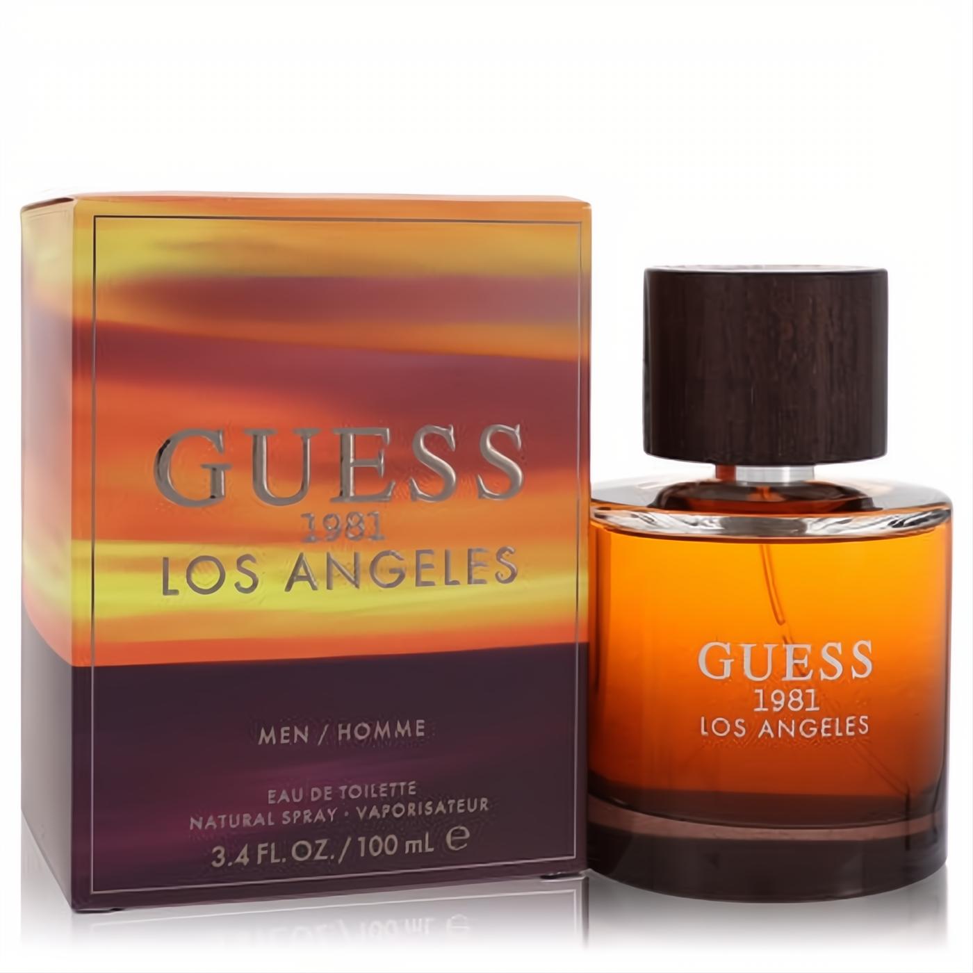 Guess 1981 Los Angeles men's 3.4 oz Eau de Toilette. Amber bottle with dark wood cap, displayed with its vibrant sunset-themed box.
