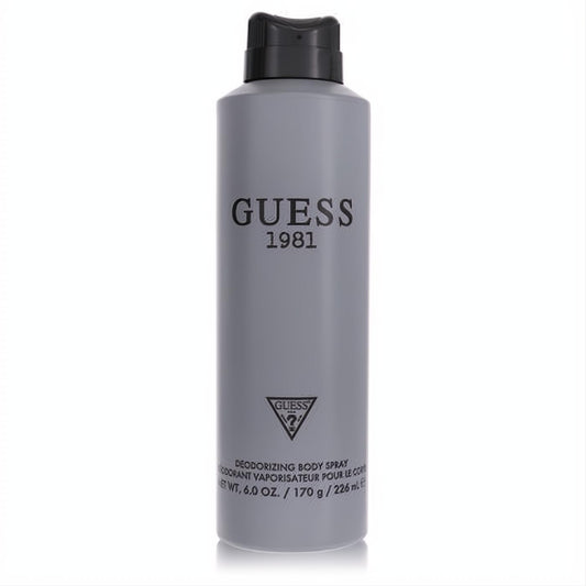 Bold Guess 1981 Men's Deodorizing Body Spray 6 oz in a sleek gray can with black cap and iconic logo.