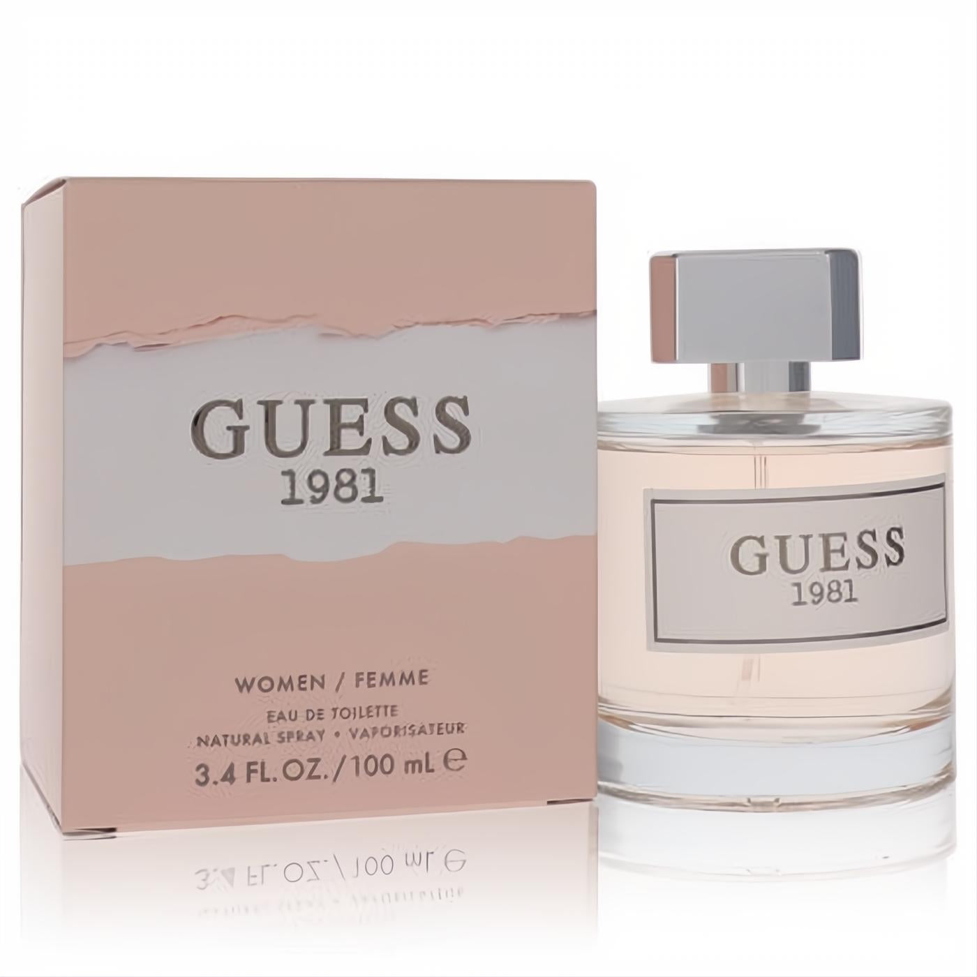 Elegant Guess 1981 women's 3.4 oz Eau De Toilette in a clear bottle with light pink liquid, sleek silver cap, and matching box.
