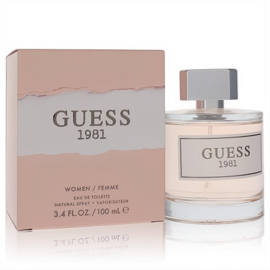 Elegant Guess 1981 women's 3.4 oz Eau De Toilette in a clear bottle with light pink liquid, sleek silver cap, and matching box.