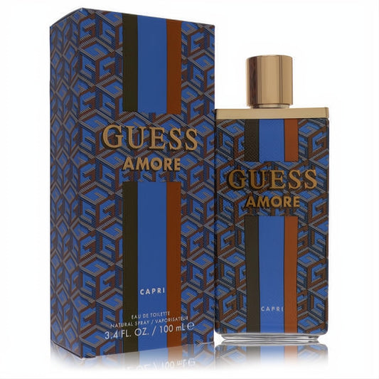 Elevate your scent with Guess Amore Capri 3.4 oz unisex EDT. Bold blue, brown, gold striped bottle & geometric box.