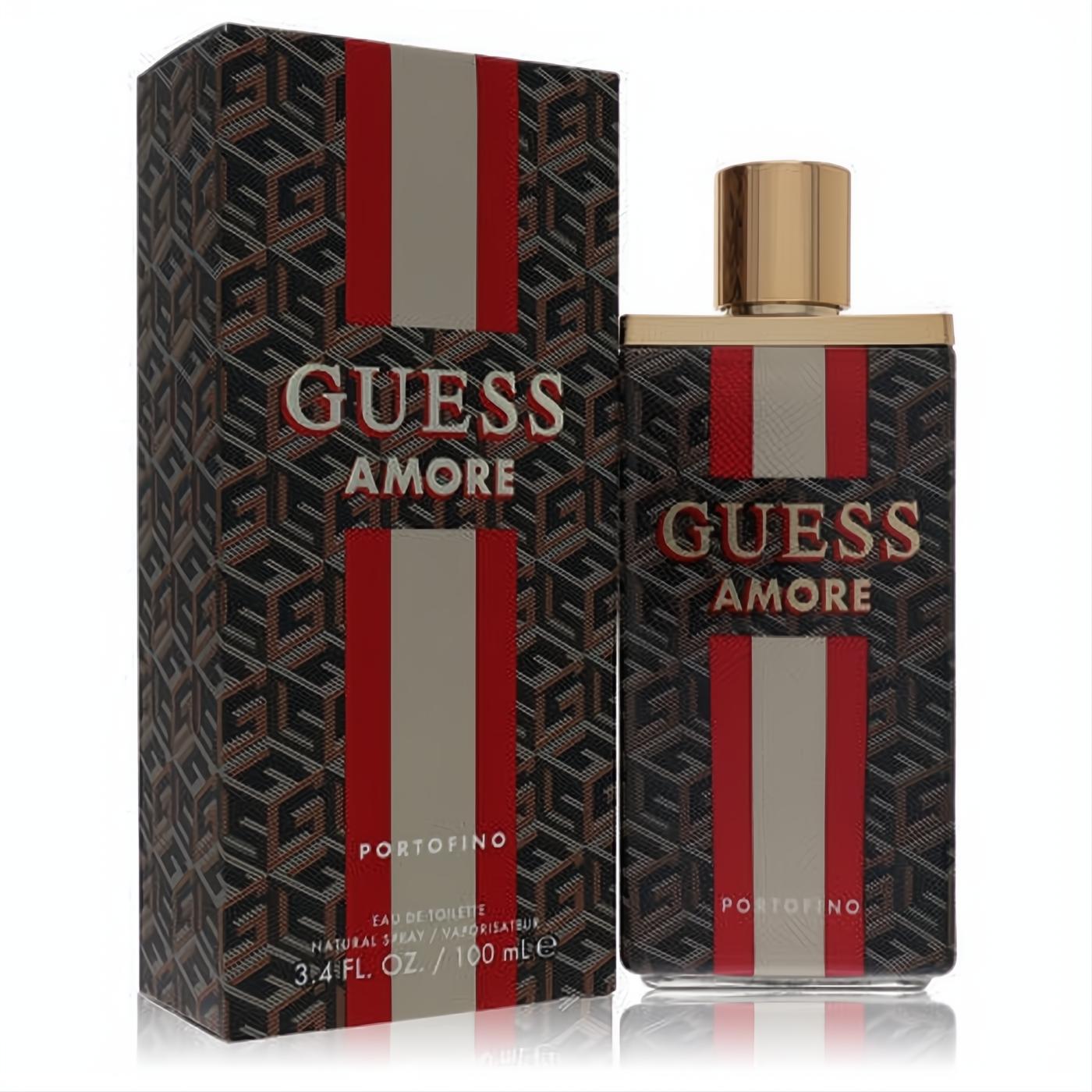Guess Amore Portofino 3.4 oz unisex EDT. Features a sleek black, red, and beige geometric bottle with a gold cap and matching box.