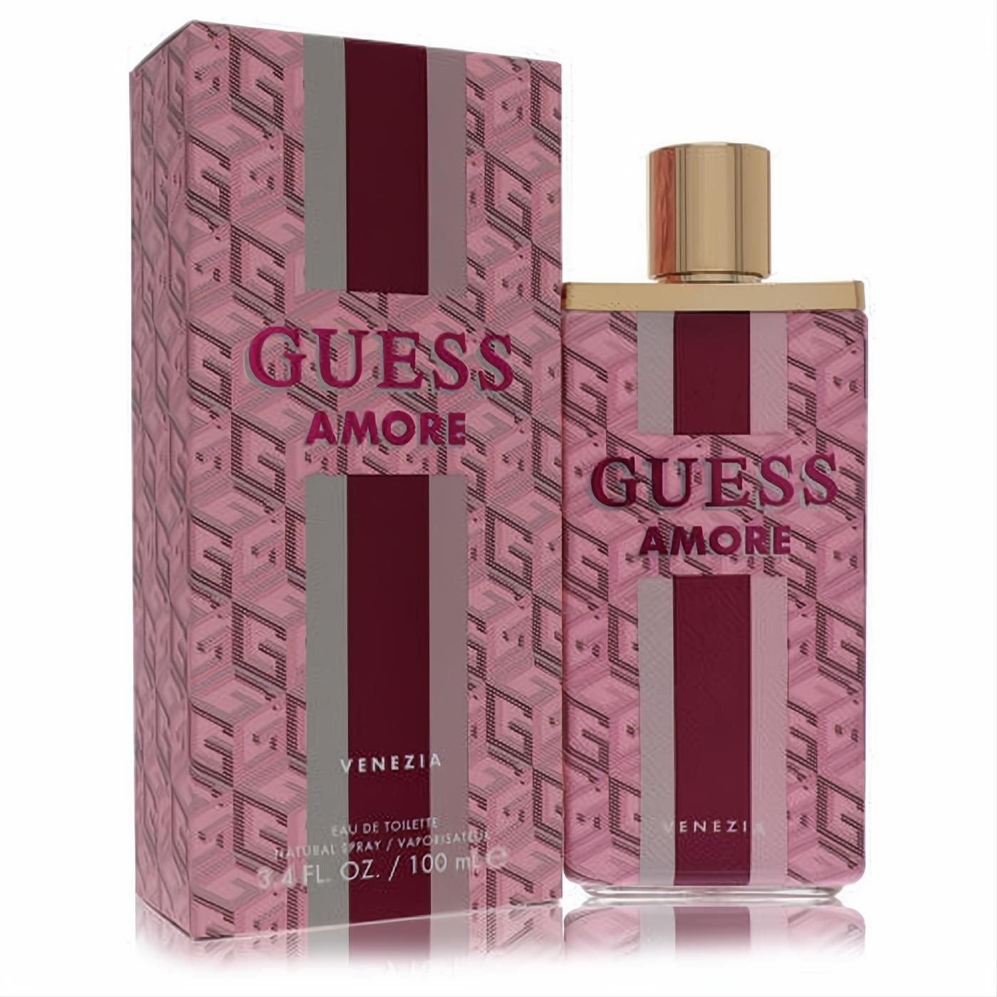 Guess Amore Venezia 3.4 oz unisex EDT. Elegant pink and burgundy bottle with a luxurious gold cap, displayed with its matching patterned box.
