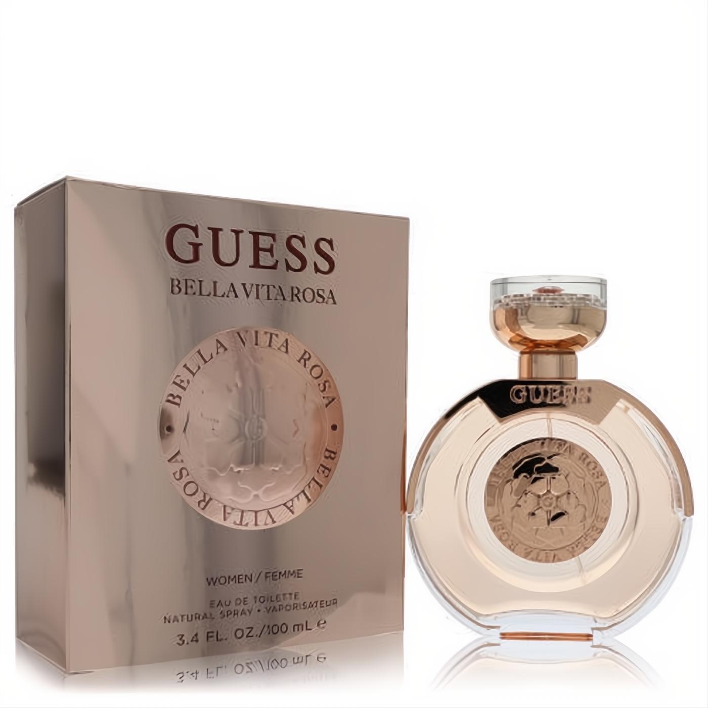Luxurious Guess Bella Vita Rosa 3.4 oz EDT. Features a captivating rose gold bottle with embossed detail and a shimmering matching box.