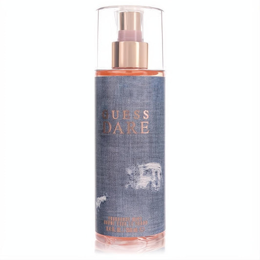 Unleash your attitude with Guess Dare 8.4 oz women's body mist. Clear bottle, chic distressed denim label, rose gold accents.