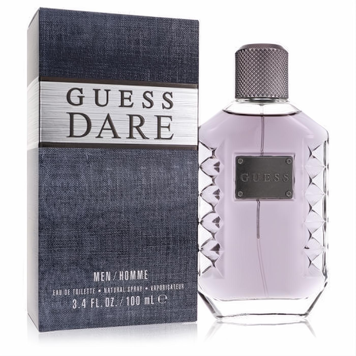 Guess Dare men's 3.4 oz cologne. Distinctive faceted glass bottle with purple liquid, silver cap, and a stylish denim-look box.
