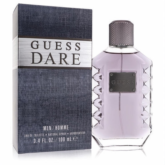 Guess Dare men's 3.4 oz cologne. Distinctive faceted glass bottle with purple liquid, silver cap, and a stylish denim-look box.