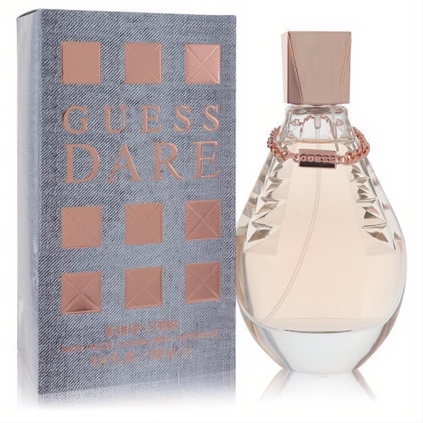Unleash your fresh attitude with Guess Dare 3.4 oz EDT. Elegant faceted glass bottle, rose gold cap & chain, chic denim box.