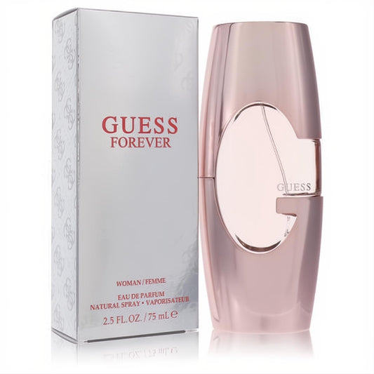 Elegant Guess Forever 2.5 oz EDP in a stunning rose gold bottle with a unique 'G' design, alongside its chic silver box.