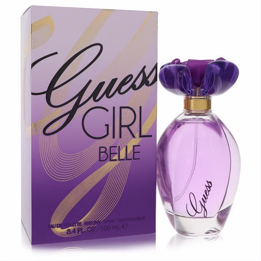 Guess Girl Belle 3.4 oz EDT spray. Elegant purple glass bottle with a distinctive floral cap and matching box.