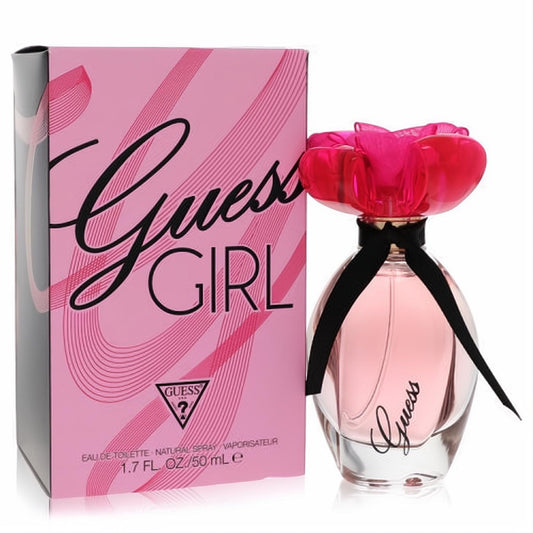 Guess Girl 1.7 oz EDT spray: a chic pink liquid bottle with a fuchsia floral cap, black ribbon accent, and matching pink box.