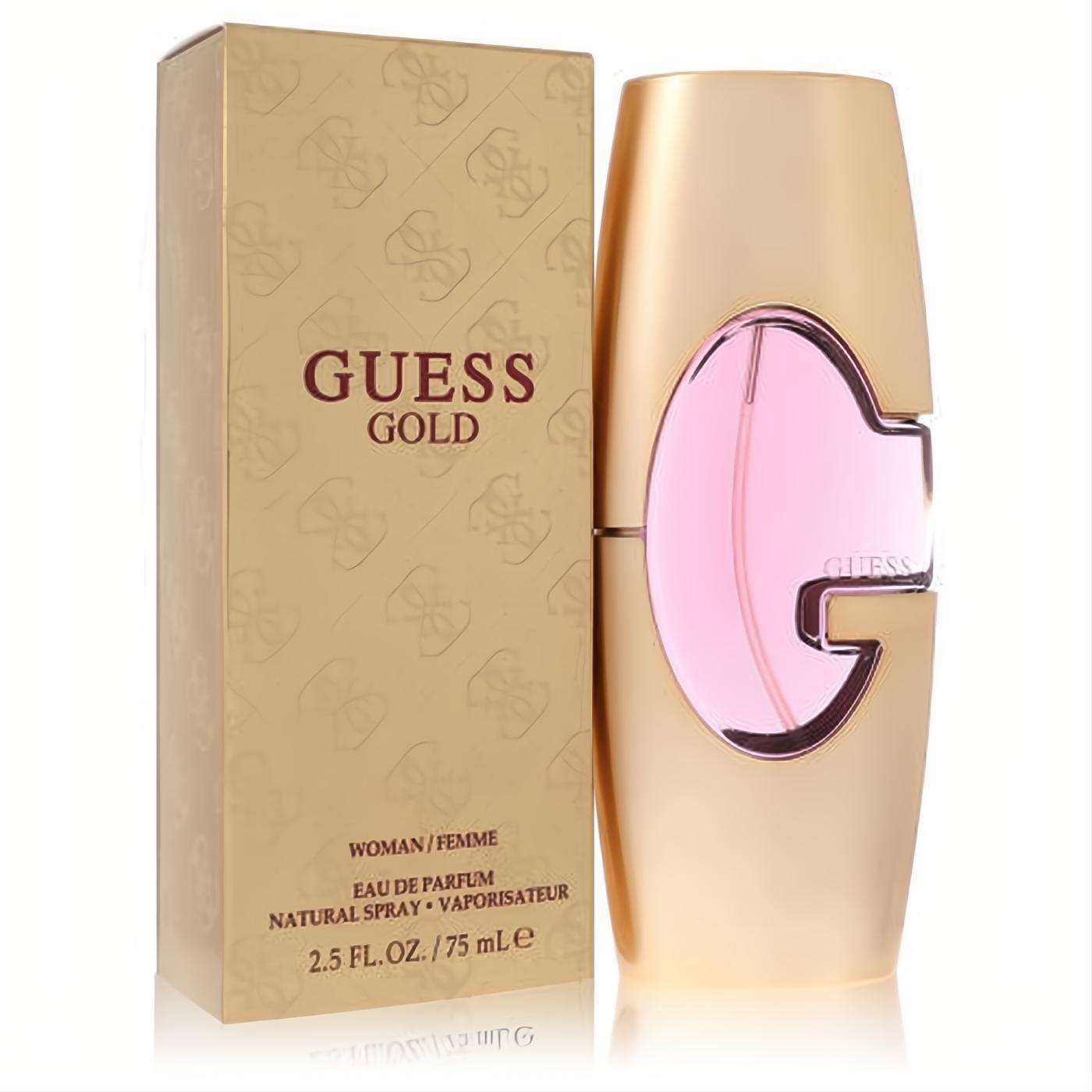 Guess Gold Eau De Parfum 2.5 oz for women. Elegant gold bottle with captivating pink fragrance, displayed next to its matching gold box.