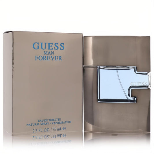 Guess Man Forever 2.5 oz EDT spray. Sleek champagne bottle with a modern design and striking blue Guess logo.