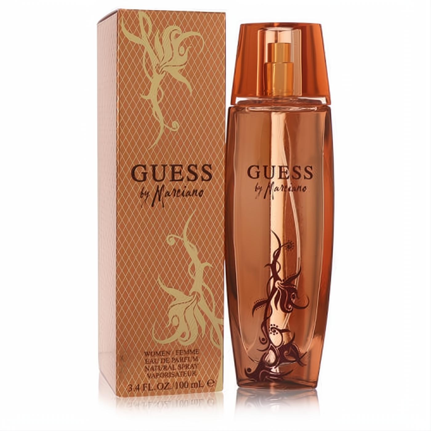 Guess by Marciano 3.4 oz Eau de Parfum spray, featuring a rich amber bottle with elegant dark floral accents and matching box.