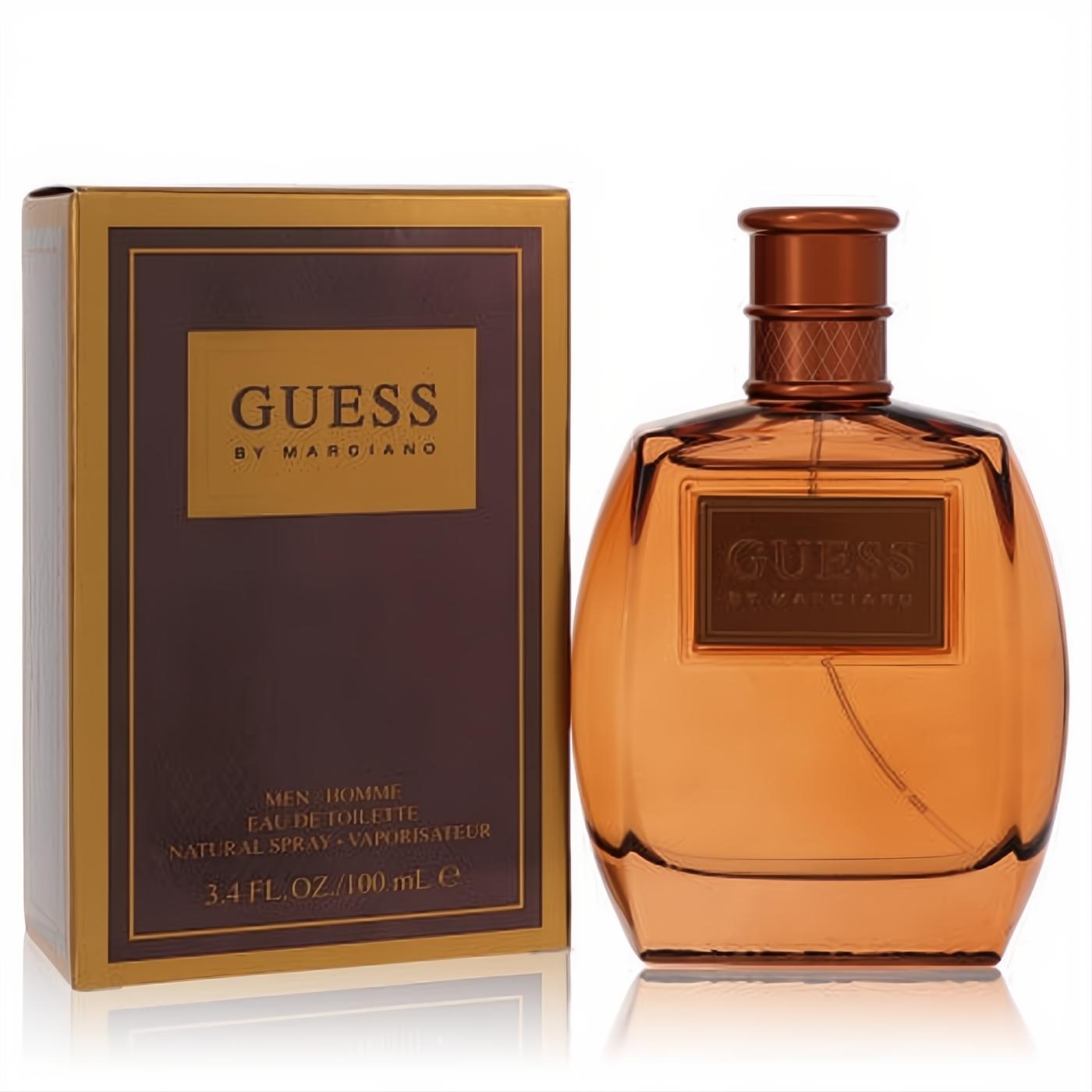 Guess Marciano 3.4 oz men's EDT. Rich amber glass bottle, textured bronze cap, and luxurious brown & gold box.