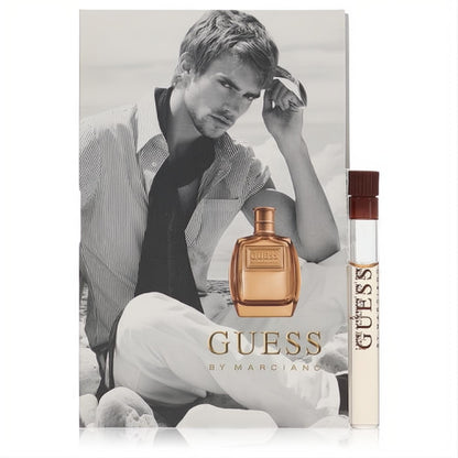 Sophisticated Guess Marciano men's cologne .05 oz sample vial. Clear glass, brown cap, shown with the full-size amber bottle.