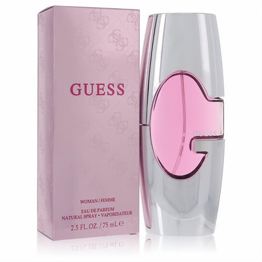 Iconic Guess (New) Eau De Parfum, 2.5 oz. Sleek silver bottle with a vibrant pink G-design, next to its elegant pink box.