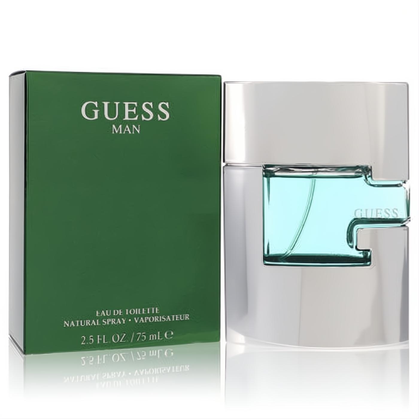 Elevate your style with Guess Man EDT 2.5 oz spray. Sleek silver bottle reveals light blue liquid, paired with a striking green box.