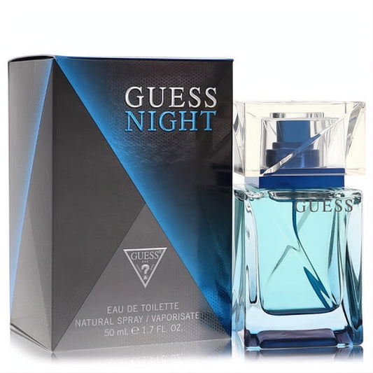 Experience Guess Night 1.7 oz men's cologne: a sleek clear bottle with vibrant blue liquid, beside its modern dark geometric box.