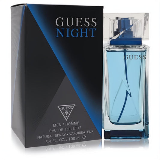Guess Night men's Eau de Toilette, 3.4 oz. Vibrant blue liquid in a sleek clear bottle with dark cap, beside its modern black and blue box.