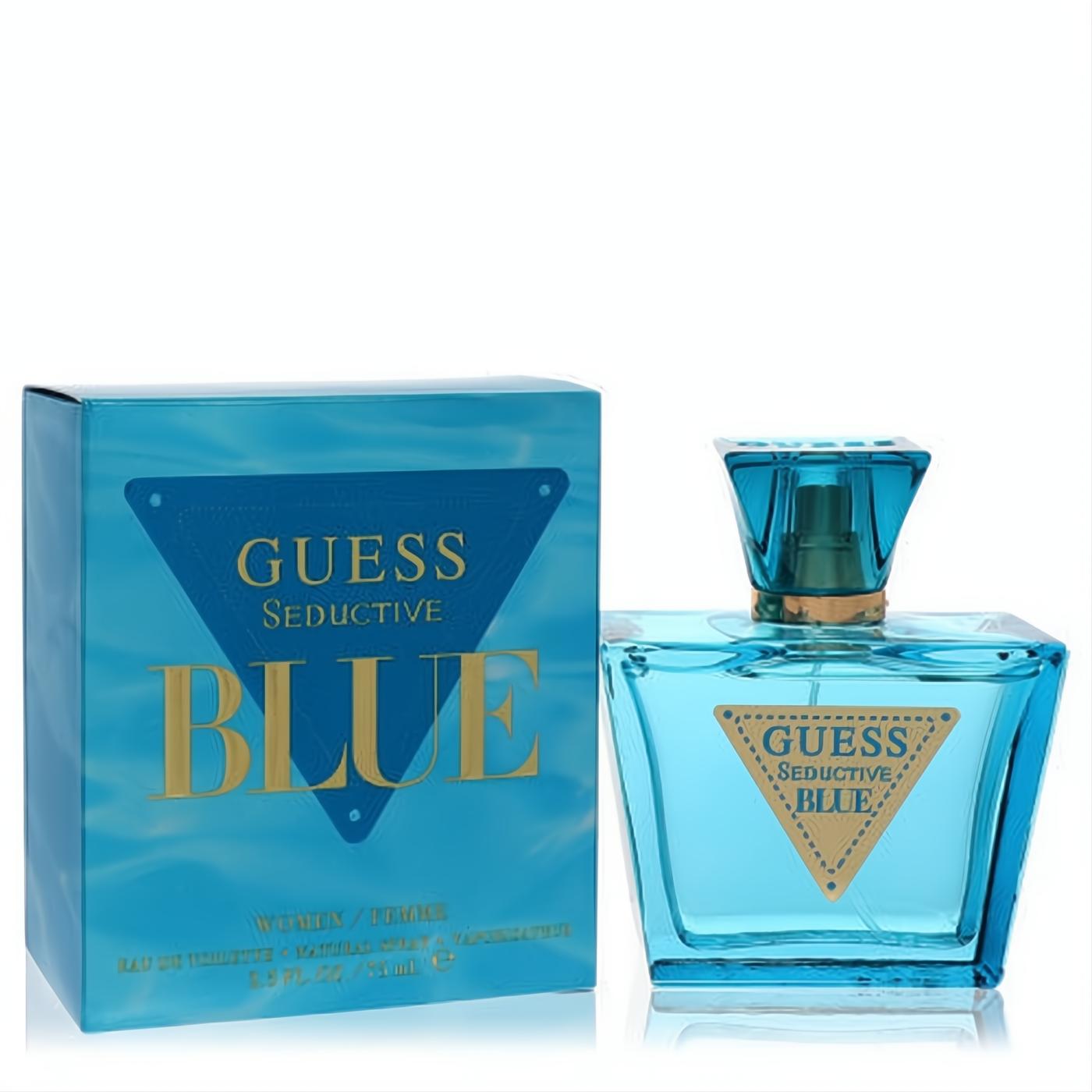 Vibrant Guess Seductive Blue women's Eau De Toilette. Elegant blue glass bottle and matching box with iconic gold logo.