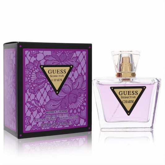 Elegant Guess Seductive Charm 2.5 oz EDT. Clear faceted bottle with a delicate purple fragrance and a stunning dark purple lace box.
