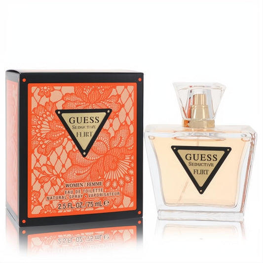 Guess Seductive Flirt 2.5 oz EDT in a chic clear bottle with gold sprayer and a vibrant orange lace-patterned box.