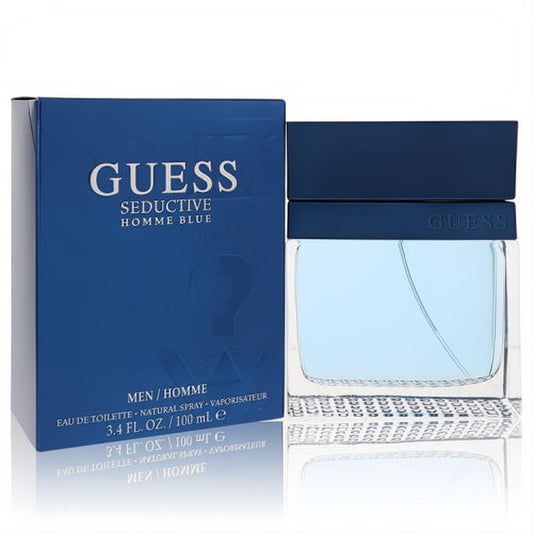 Captivating Guess Seductive Homme Blue 3.4 oz EDT. Sleek clear bottle with light blue fragrance, deep blue cap, and vibrant blue box.