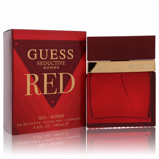 Guess Seductive Homme Red 3.4 oz EDT. Bold red box and sleek red glass bottle with luxurious gold accents for men.