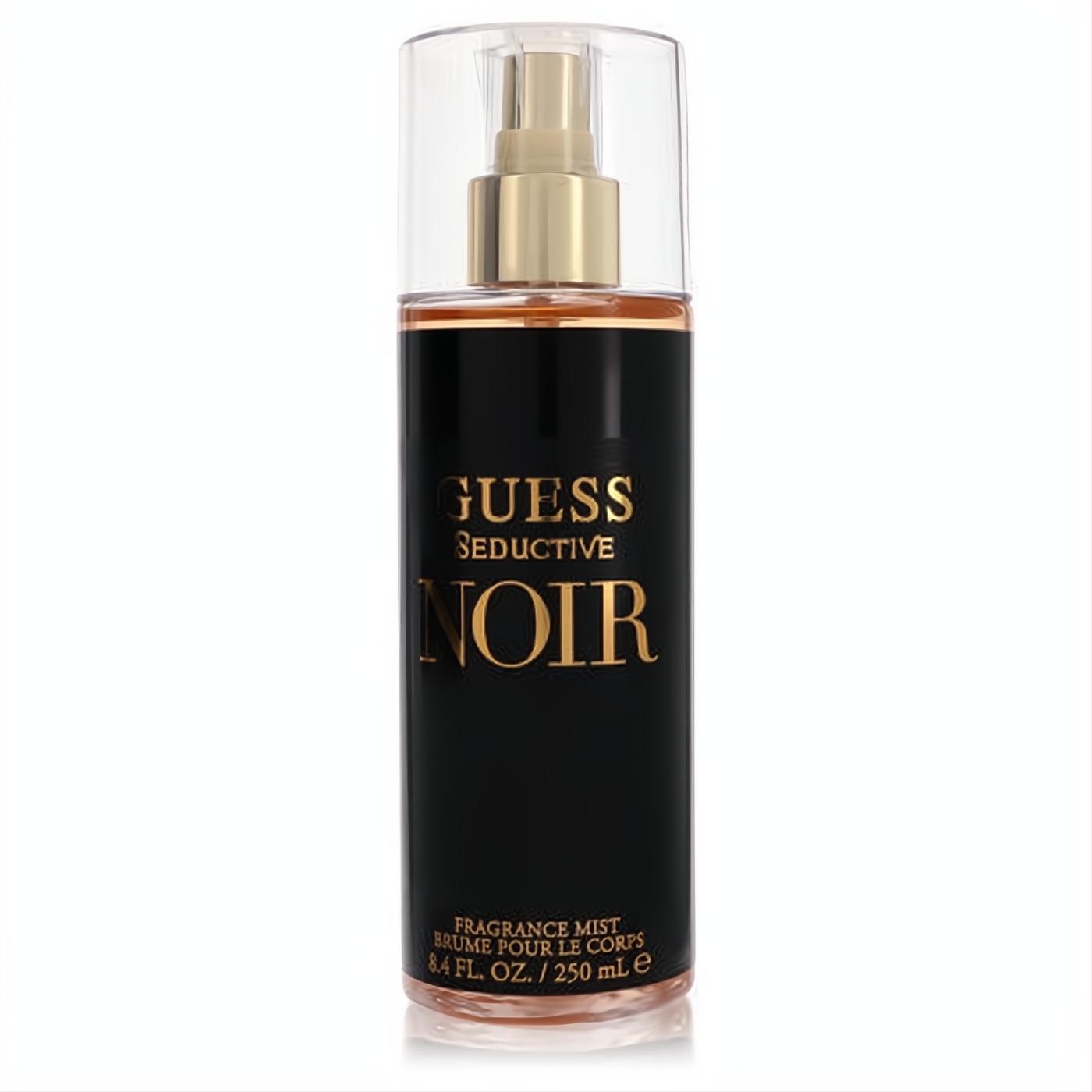 Guess Seductive Noir 8.4 oz body mist in a sleek black bottle with elegant gold branding and a clear cap.