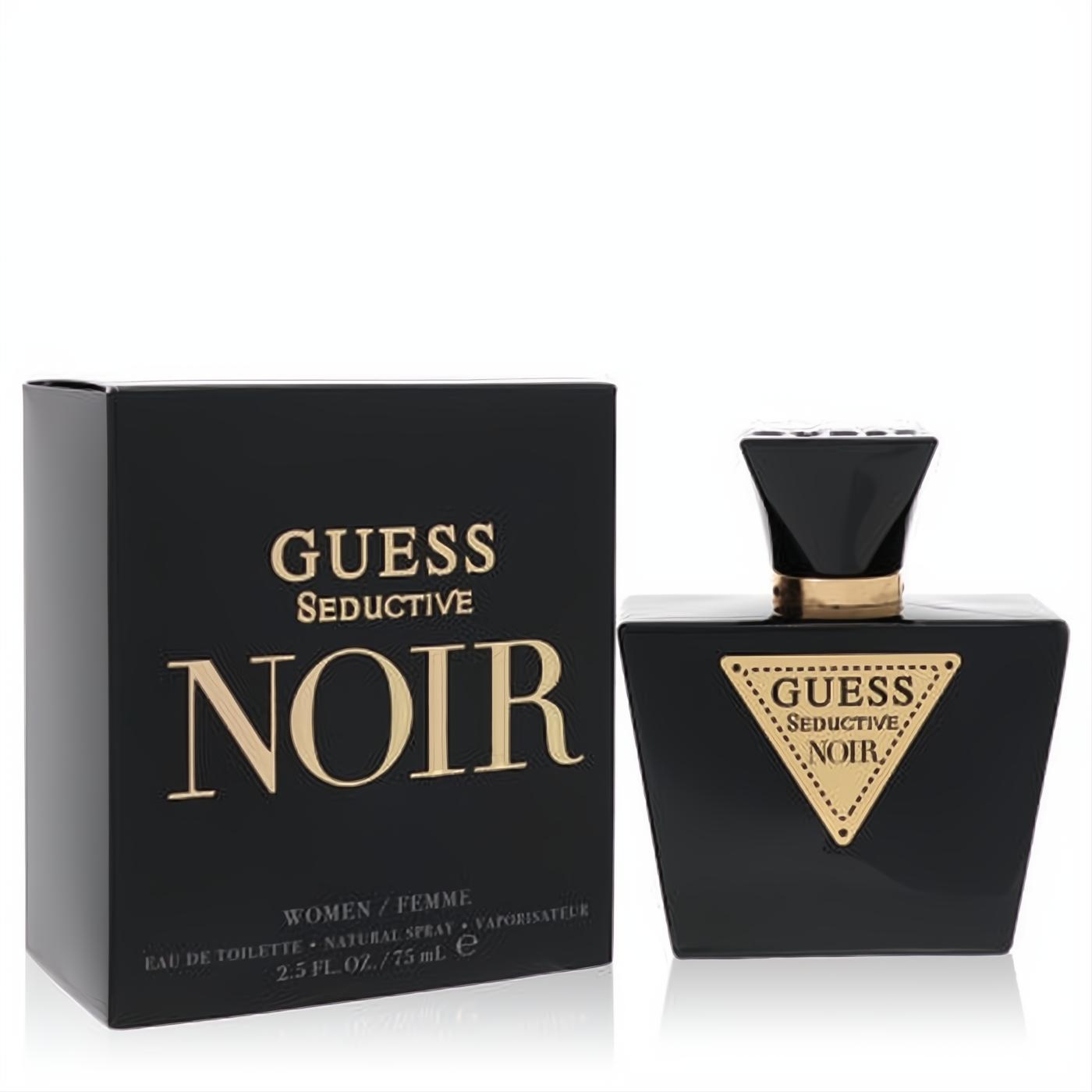 Guess Seductive Noir 2.5 oz women's Eau De Toilette. Striking black bottle with elegant gold triangular label and cap.