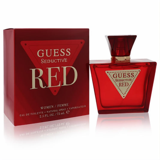Experience Guess Seductive Red 2.5 oz women's EDT. Bold red glass bottle with iconic gold triangle logo and matching box.