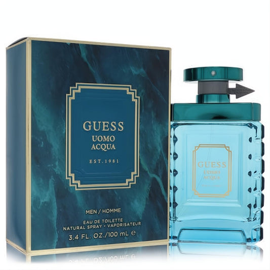 Guess Uomo Acqua 3.4 oz men's Eau De Toilette in a stylish aqua glass bottle with textured sides, teal cap, and elegant marbled box.