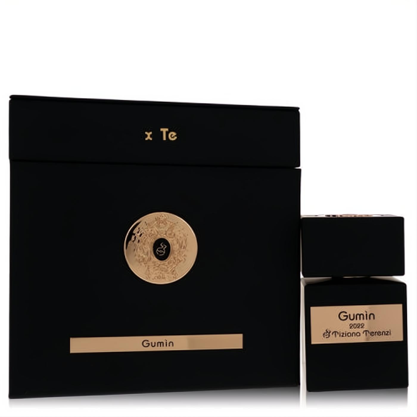 Luxurious black Gumin by Tiziana Terenzi Extrait De Parfum bottle and elegant matching box with gold emblem and lettering.