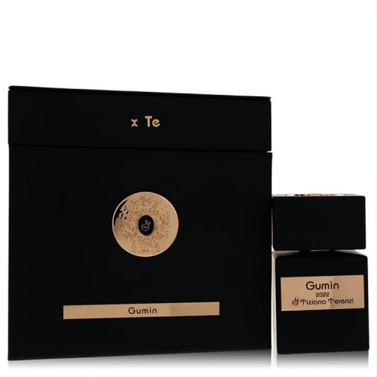 Luxurious black Gumin by Tiziana Terenzi Extrait De Parfum bottle and elegant matching box with gold emblem and lettering.