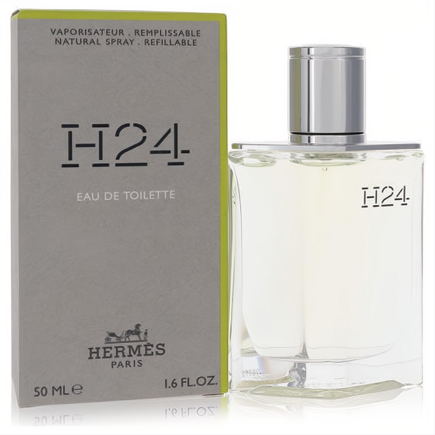 Hermes H24 men's 1.6 oz refillable Eau De Toilette. Sleek clear glass bottle, silver cap, and modern grey box with green accent.