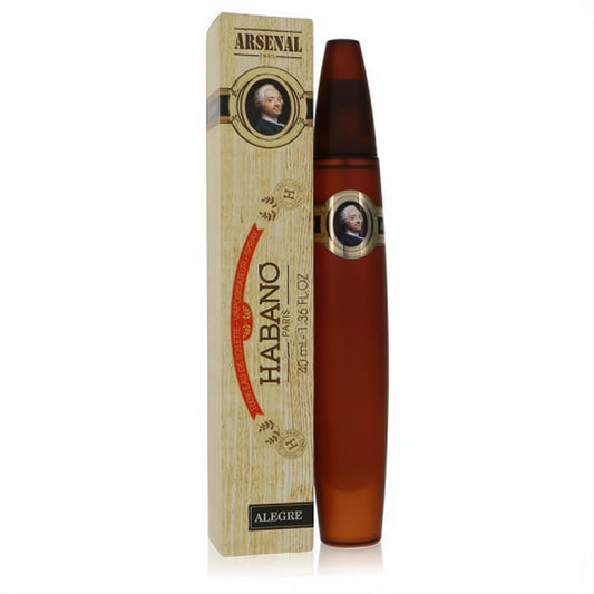 Habano Alegre men's 1.36 oz Eau De Toilette. Distinctive dark amber cigar-shaped bottle with gold accents and a stylish wood-grain box.