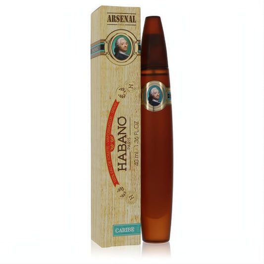 Distinctive Habano Caribe men's cologne, 1.36 oz. Brown cigar-shaped bottle with gold accents next to a textured wood-grain box.