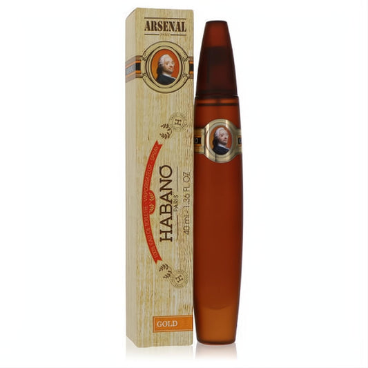 Habano Gold 1.36 oz men's Eau De Toilette spray. Distinctive cigar-shaped amber bottle with a textured wood-grain box.