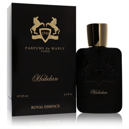 Luxurious Parfums de Marly Habdan 4.2 oz Eau de Parfum spray in sleek black bottle with gold details.