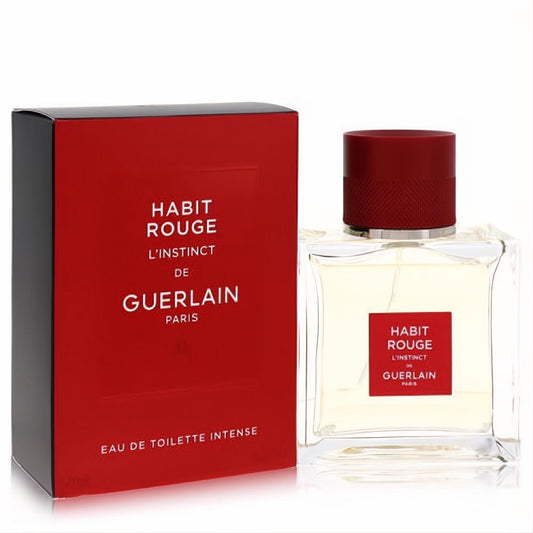 Guerlain Habit Rouge L'instinct 1.6 oz men's EDT Intense. Bold red box, sleek clear bottle, red cap.