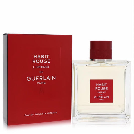 Captivating Guerlain Habit Rouge L'instinct EDT Intense 3.3 oz. Clear glass bottle with a striking red cap and matching vibrant red box.