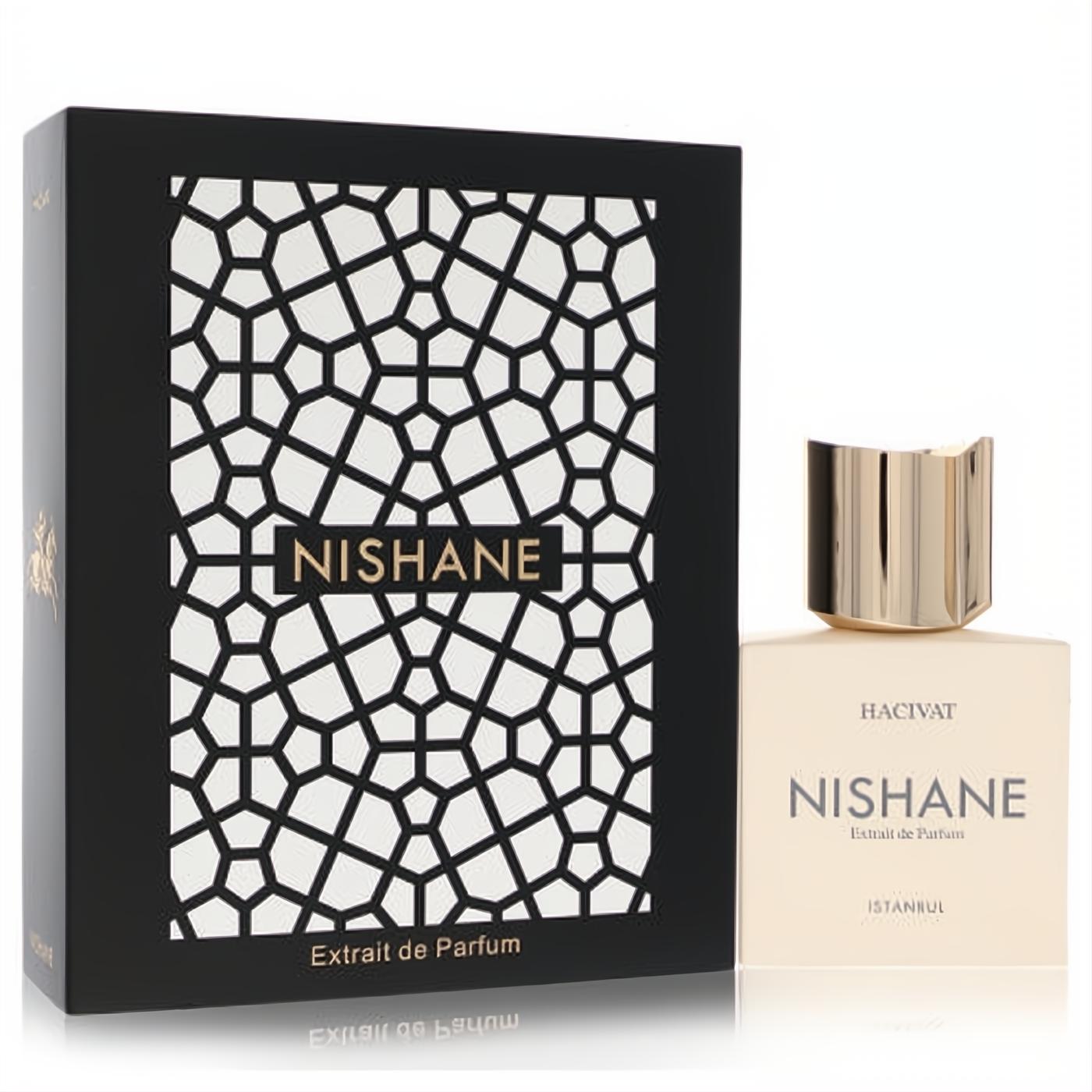 Nishane Hacivat Extrait de Parfum spray: elegant cream bottle with gold cap next to its luxurious black geometric box.
