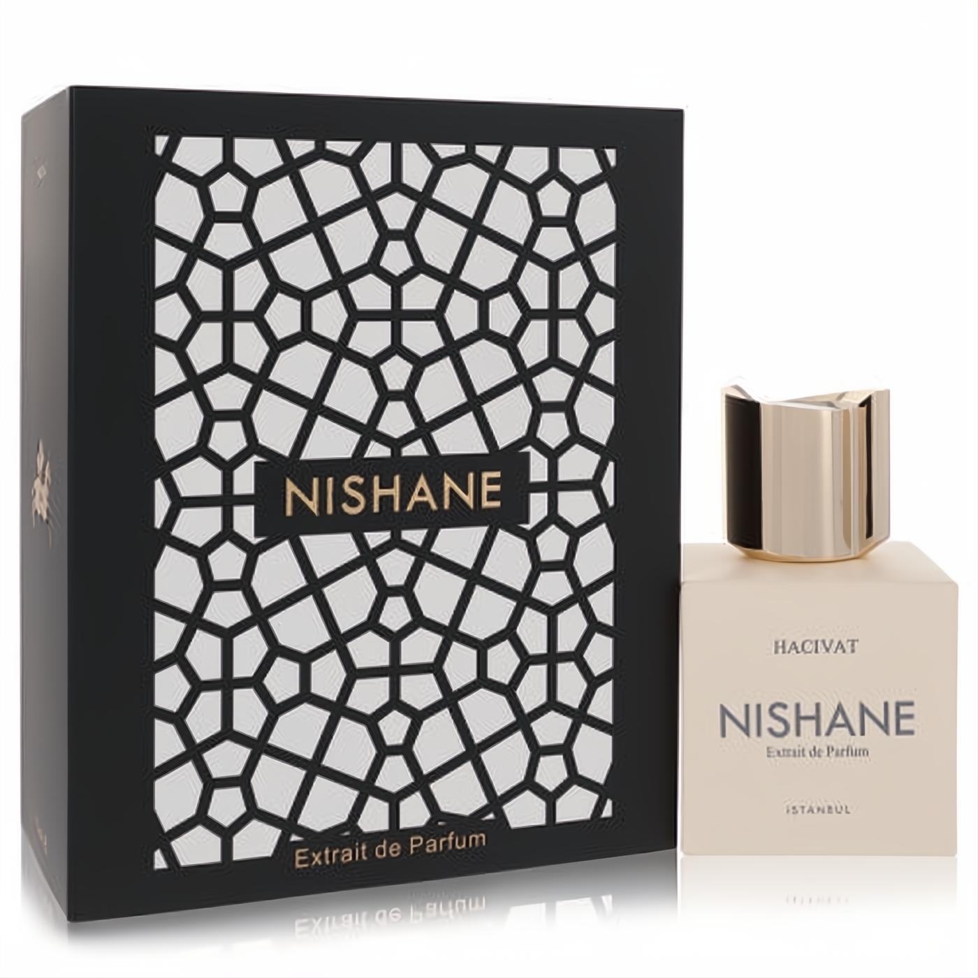 Sophisticated Nishane Hacivat Extrait de Parfum 3.4 oz fragrance. Beige bottle, gold cap, and elegant black geometric pattern box.
