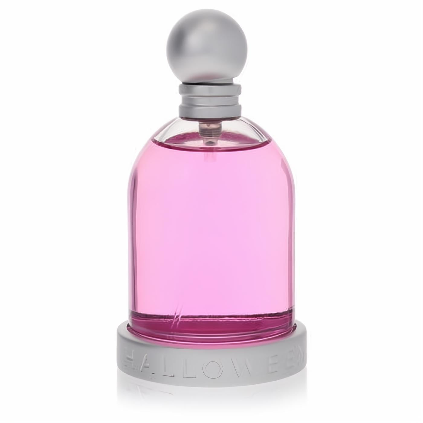 Vibrant pink Halloween Kiss Sexy 3.4 oz EDT spray in a sleek glass bottle with a silver spherical cap and embossed base.