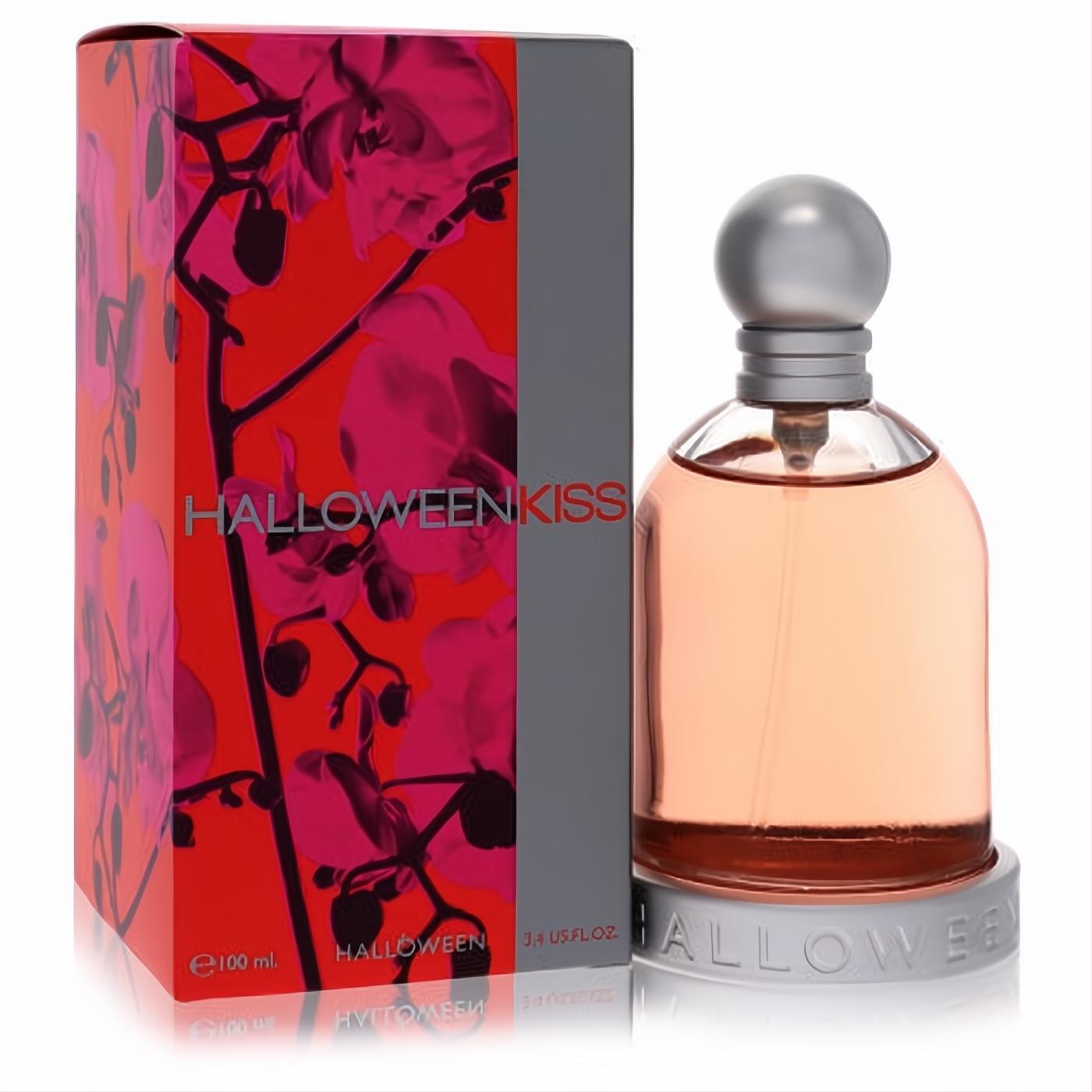 Halloween Kiss 3.4 oz women's EDT. Peach liquid in an elegant glass bottle with a silver cap and vibrant red orchid box.