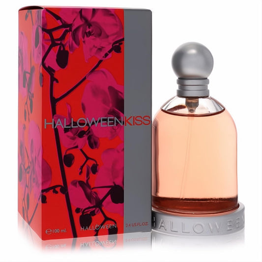 Halloween Kiss 3.4 oz women's EDT. Peach liquid in an elegant glass bottle with a silver cap and vibrant red orchid box.