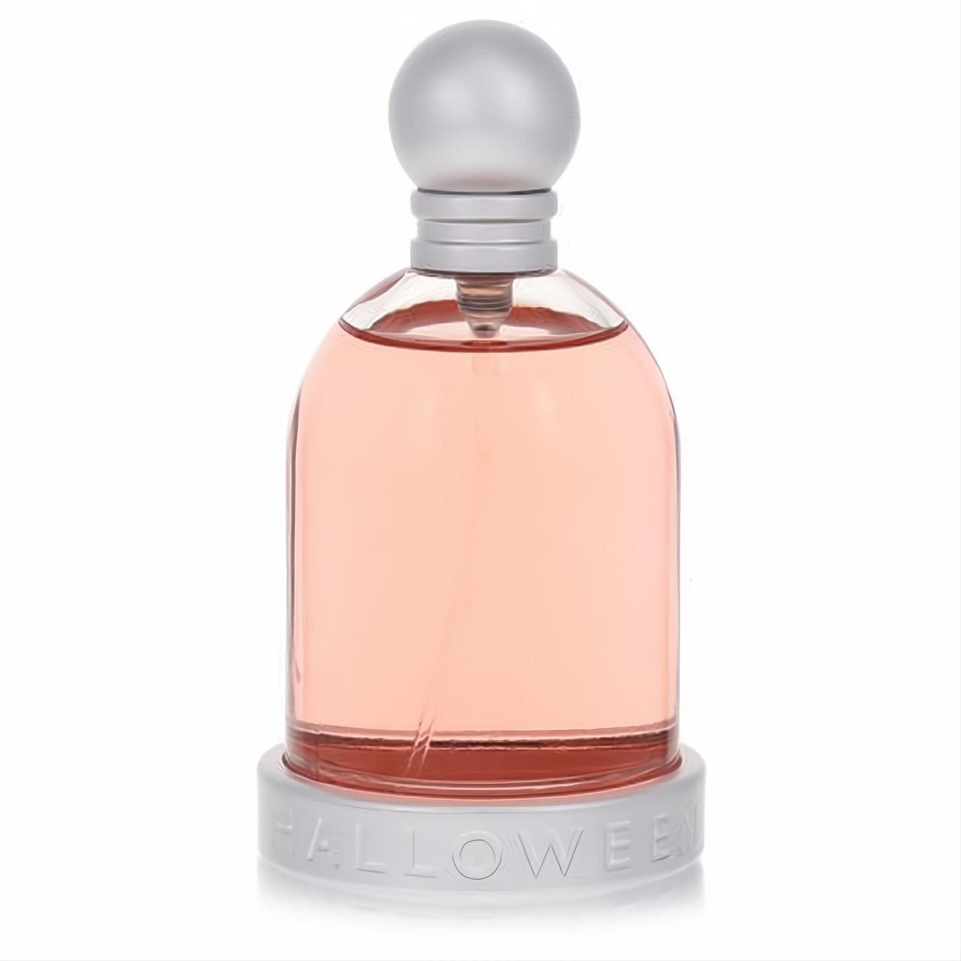 Alluring Halloween Kiss 3.4 oz Eau De Toilette for women. Pink liquid in a bell-shaped glass bottle with a silver cap and 'HALLOWEEN' base.