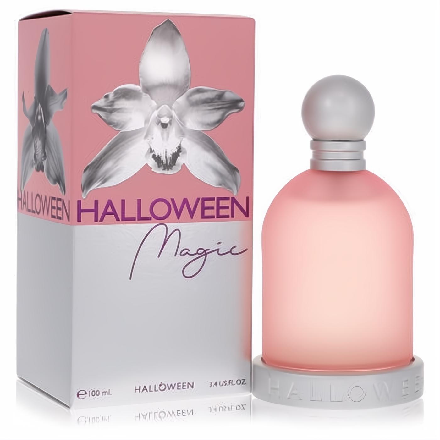 Enchanting Halloween Magic 3.4 oz women's perfume. Frosted pink glass bottle, silver cap, and elegant orchid-print box.